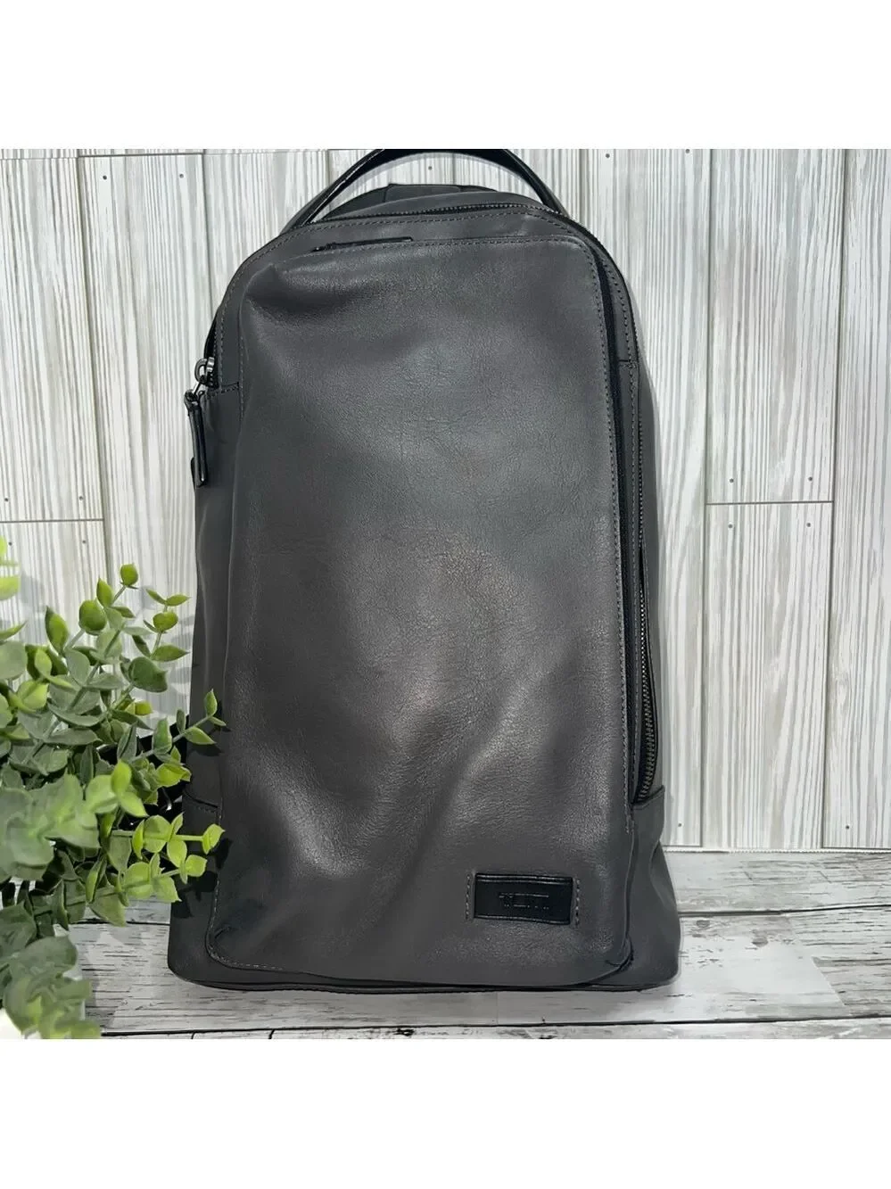 TUMI Gray Leather Sling Backpack Crossbody Bag Travel Everyday Work